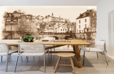Фотообои фреска старого города в интерьере кухни столовой